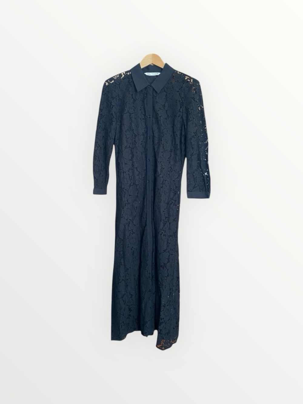 Zara Black Lace Collared Waist Tie Long Dress Size L - Picture 9 of 13